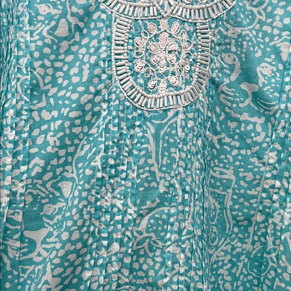 Lilly Pulitzer Sarasota Beaded Turquoise and White Patterned Tunic Top - Sz S - Picture 6 of 16